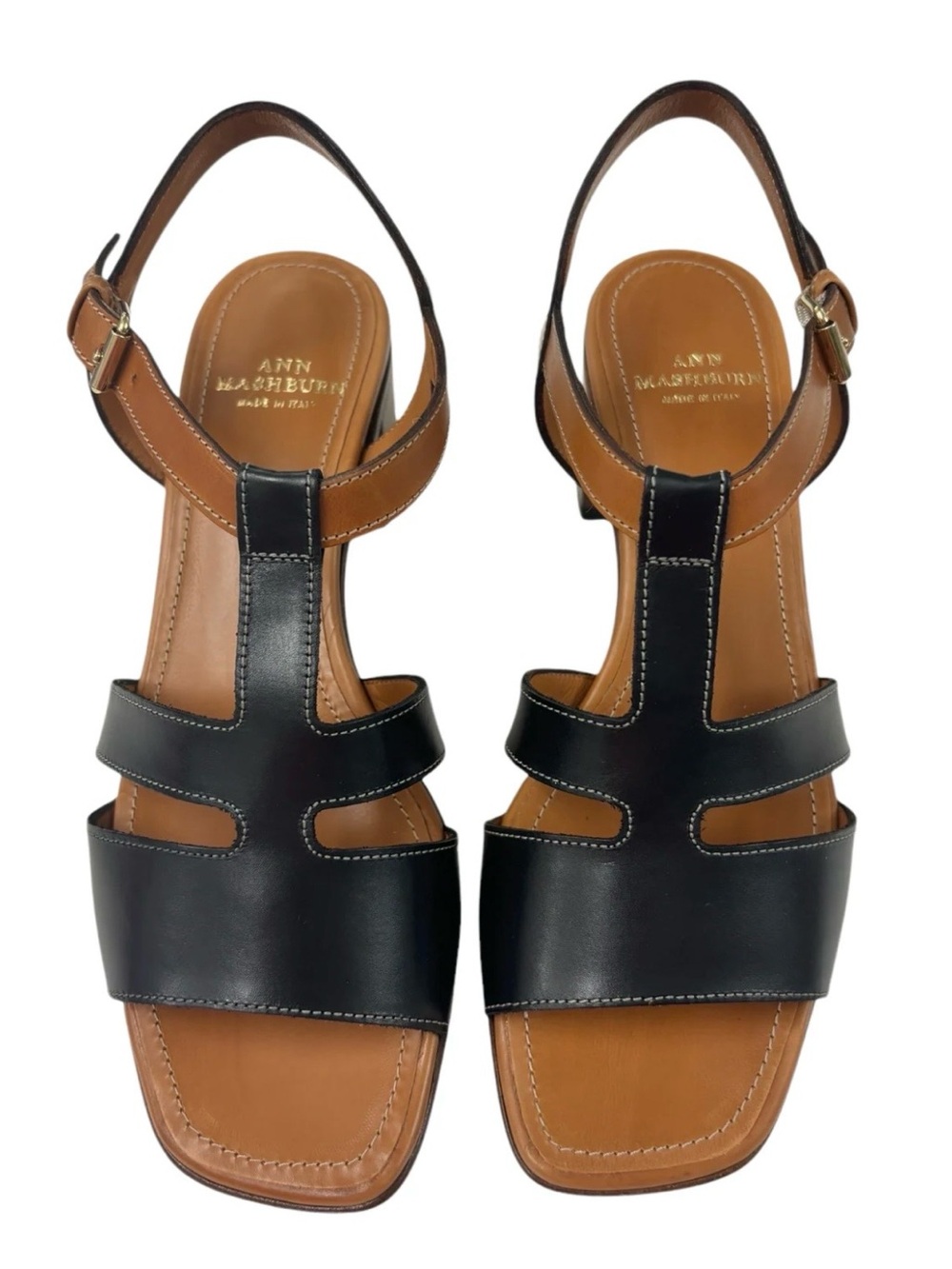 Ann Mashburn Leather Two-Tone Block Heel Sandal - Black/Tan - Picture 2 of 6